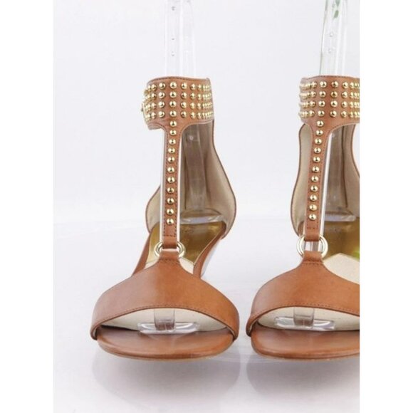 Michael Kors Women's Celena Sandal Size 7 Low Wedge Studded Ankle Strap Cognac - Picture 3 of 9